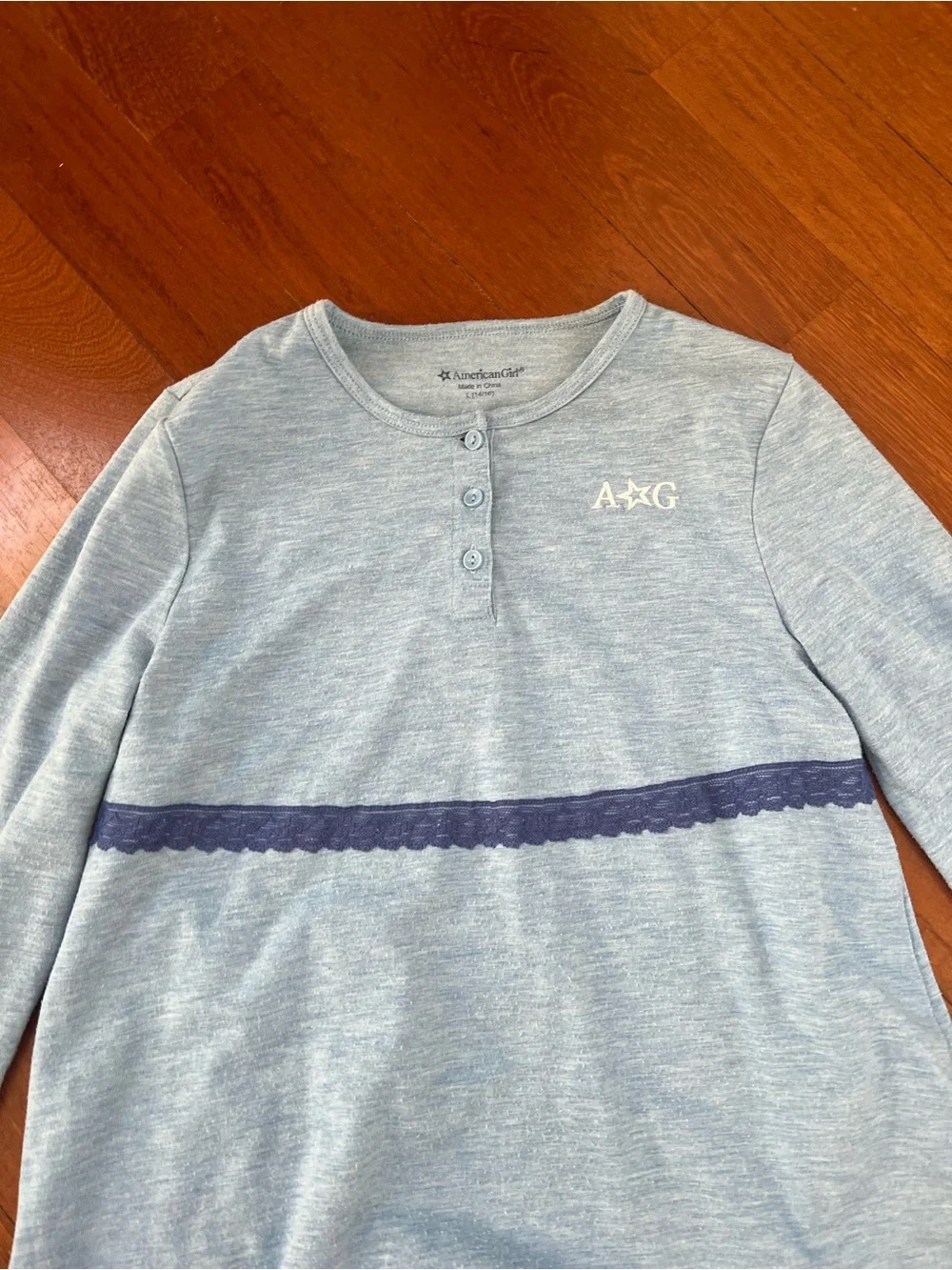 American Girl Nightgown Blue Long Sleeve sz L 14/16 Three Button Lace Detail